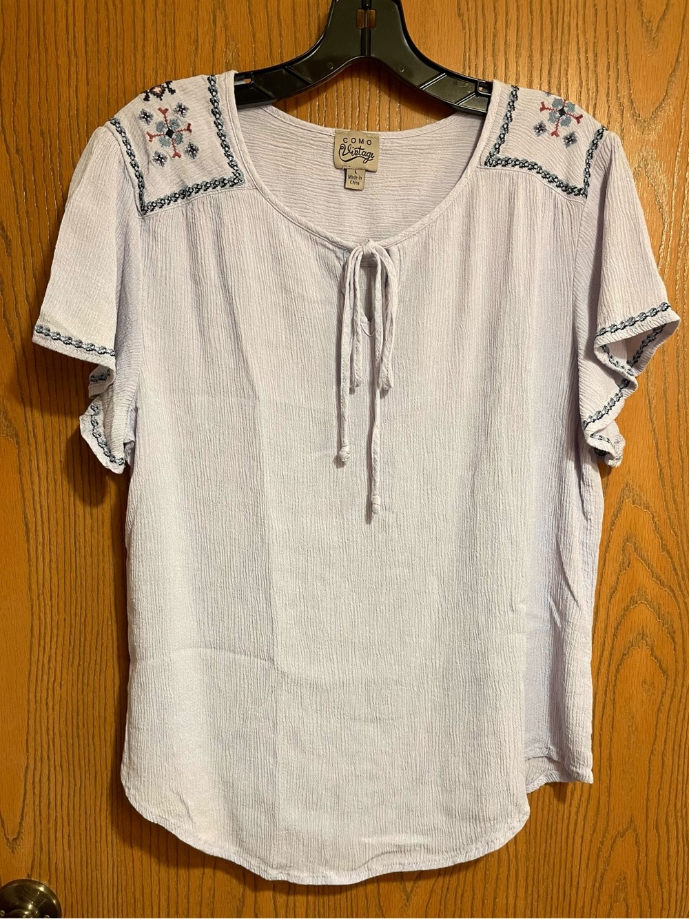 Lavender Top with Embroidered Shoulders & Sleeves and a Tie Front